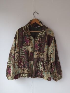 Vintage EVR 100% Silk Lightweight Zip Jacket Floral Geometric Tan Medium